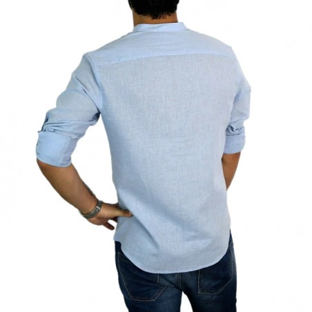Camicia uomo lino 100% celeste tinto in capo con collo alla coreana